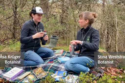 Two women sat on a picknick blanket in the forest enjoying fika