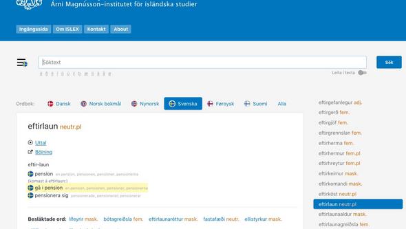 Bild från ISLEX:s webbgränssnitt