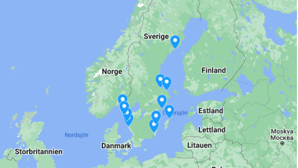 Karta över Norden där forskningsstationer är markerade. 