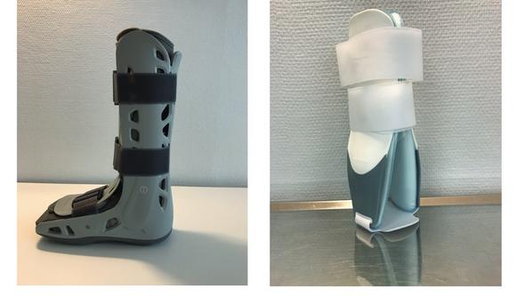Exempel på ortoser för icke kirurgisk behandling av fotledsfrakturer. Vänster: Walker ortos. Höger: Stirrup ortos. Figur 12, sid