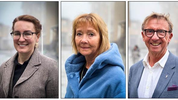 tre porträtt av de tre forskarna, fotograferade utomhus en ganska mulig vinterdag. De ser glada ut.
