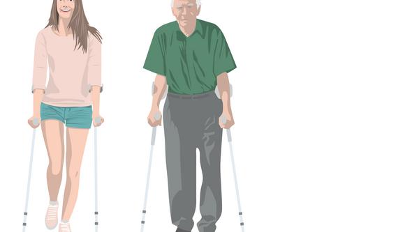 A young woman and an elderly man, both using crutches.