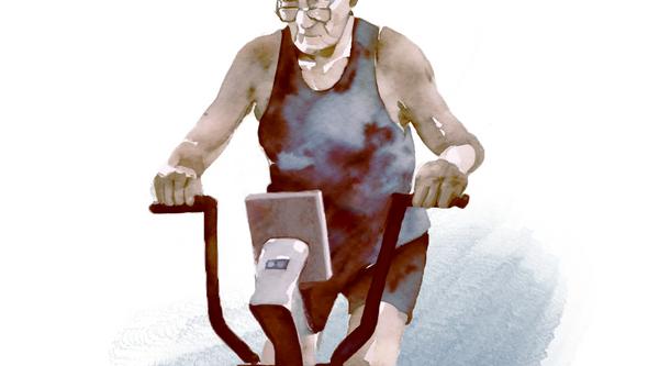 Illustrated elderly person on exercise bike