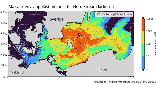 Karta över södra Östersjön med höjda metannivåer