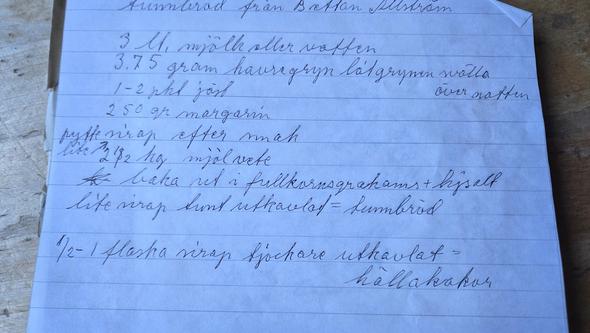 Handskrivet recept på en bit papper.