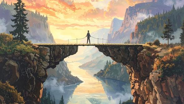 Man standing on the bridge, river below