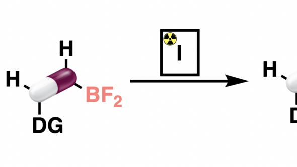 An illustration on how a hydrogen atom is exchanged to a boron-fluorine compound that in turn can be replaced 