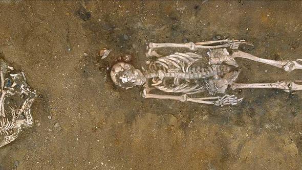En grav med två skelett, en människa och en hund.