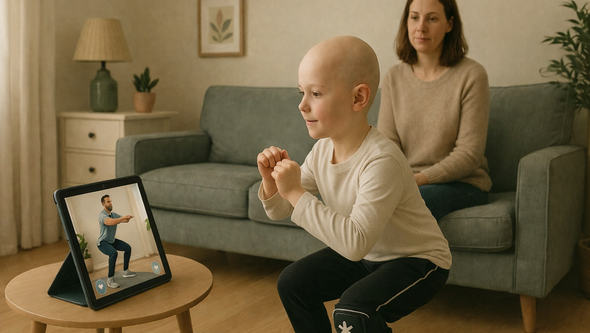 Child exercises at home via video in a calm, supportive rehabilitation setting.