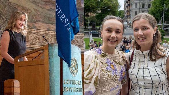 Talar vid podiet och två examensstudenter utanför universitetets huvudbyggnad..