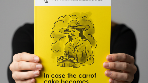 En person håller upp en broschyr med texten "In case the carrot cake becomes critical"