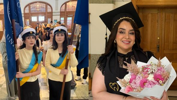 Tandhygieniststudenter marscherar in till examensceremonin. Lana poserar med blombukett.