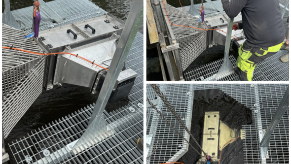 Installation of the AI-powered camera at the Floda hydropower plant. The camera is lowered into the fish passage ahead of commis