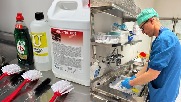 Cleaning agents and brushes, and Karl Chevalley cleaning disposable medical equipment.