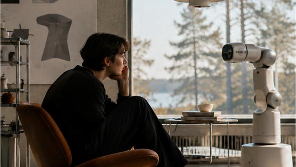 En AI-genererad bild på en man i koncentrerad interaktion ihop med en AI-robot