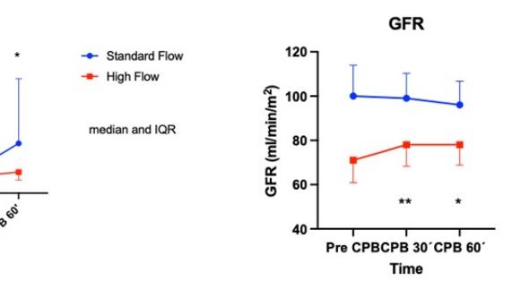 Effekter av högt flöde på hjärtlungmaskin (CPB): Minskad utsöndring av njurskademarkören NAG (N-acetyl-β-D-glucoseaminidase) och