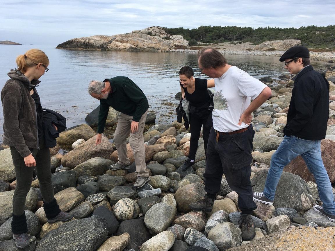 Forskare står på stenig strand och tittar på små snäckor. 