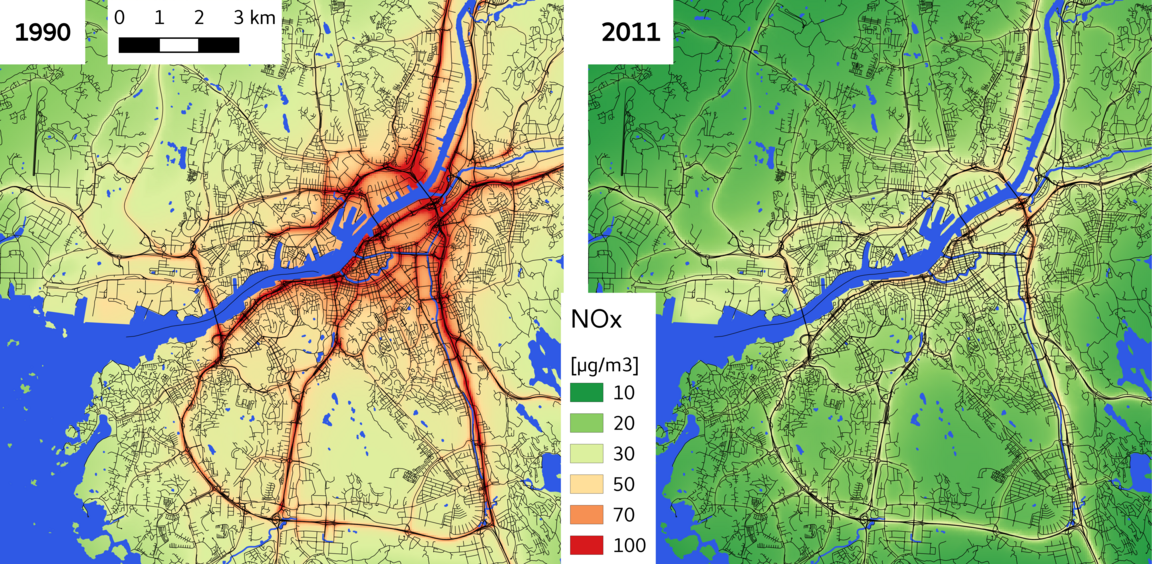 Map showing NOx-levels in Gothenburg 1990 and 2011
