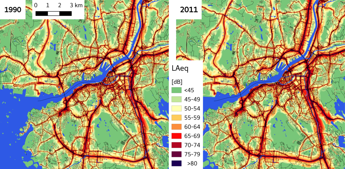 Map showing Noise-levels in Gothenburg 1990 and 2011