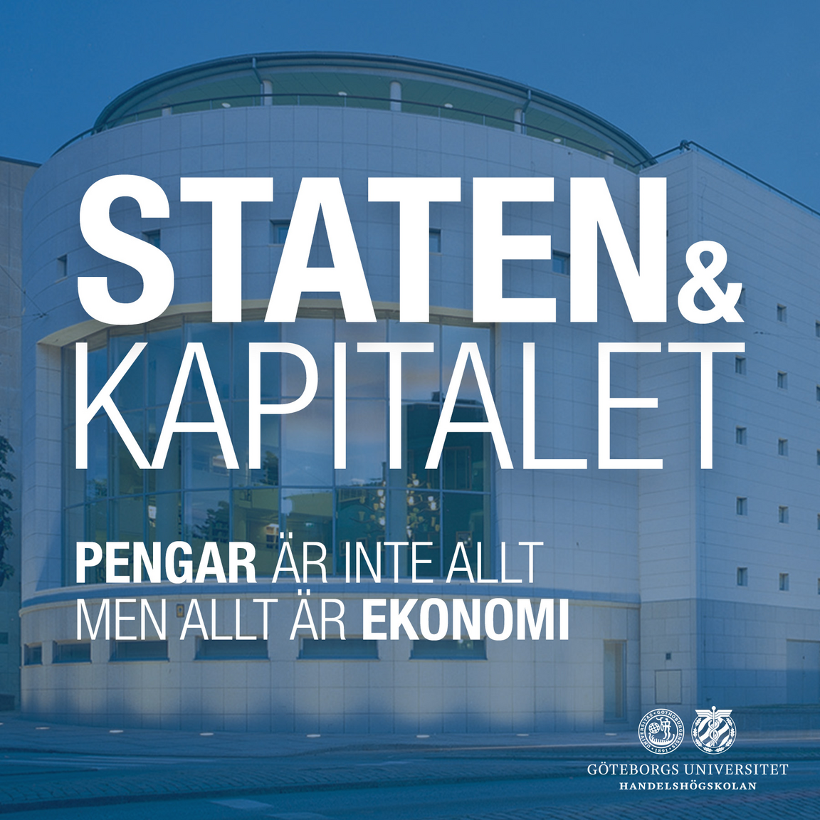 En illustration som används som omslagsbild för podden. I bakgrunden syns Handelshögskolans hus och ovanpå bilden står poddens namn.