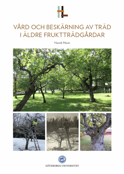 Omslag till skriften Vård och beskärning av träd i äldre fruktträdgårdar. Bilder på fruktträd mot vit botten