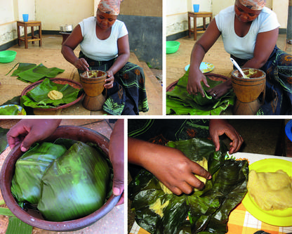 Bildkollage där kvinna lagar bananbröd